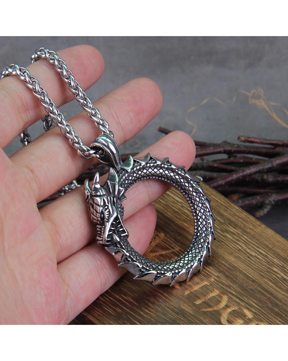 Never Fade Men Stainless Steel Viking Self-devourer Ouroboros Valknut Amulet dragon Pendant Necklace front-2