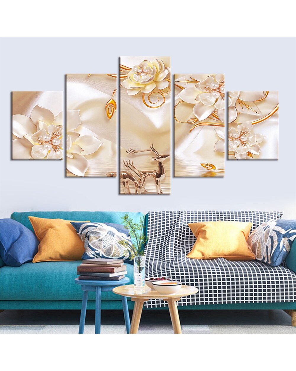 Flowers Canvas Painting Modular Lotus Picture Print Abstract 5 Panel Canvas Art Wall Decor front-1