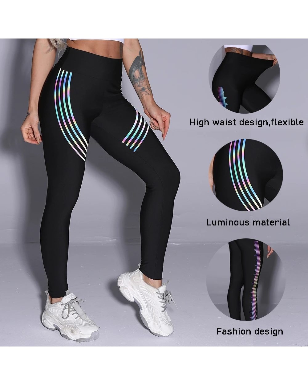 Reflective Material Printed Fitness Leggings Slim Stretch Elastic Glow in Dark Pants Trousers front-5