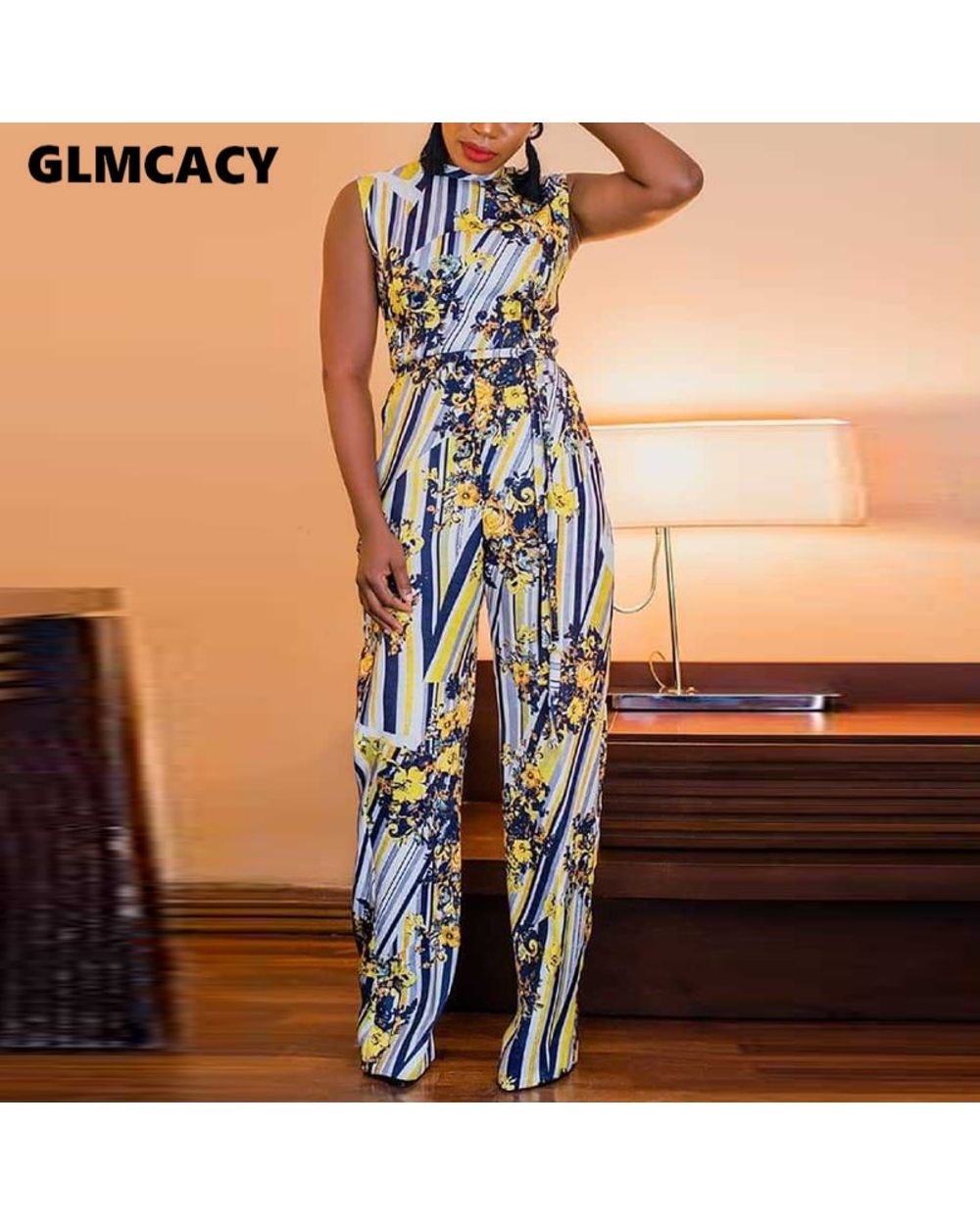 Women Sexy Office Jumpsuit Floral Print Turtleneck Sleeveless Long Wide Leg Rompers Chic Ladies Jumpsuit Beachwear front-1