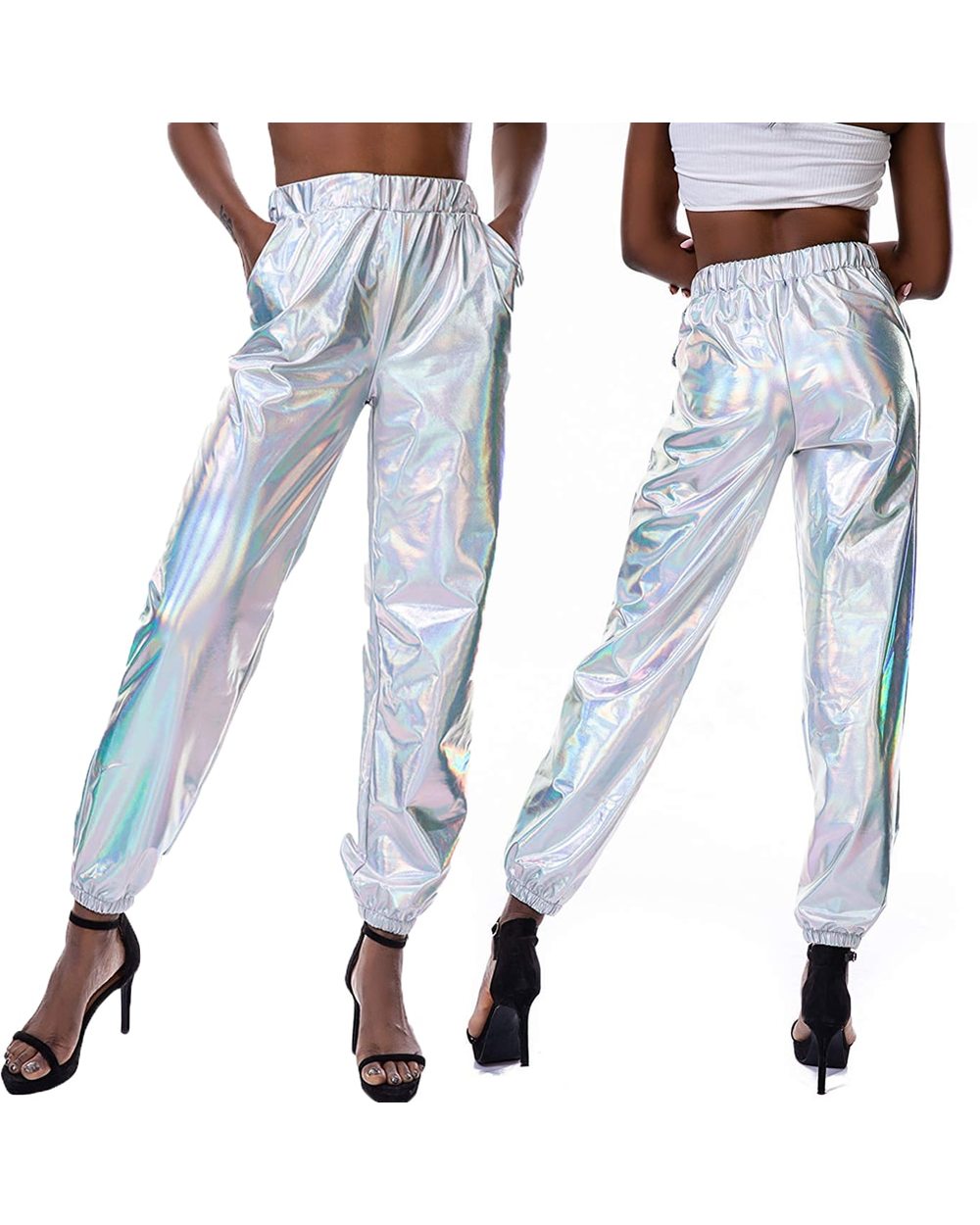 Metallic Shiny Jogger Pants Women Harem Hip Hop High Waisted Glittening Streetwear Elastic Trousers front-4