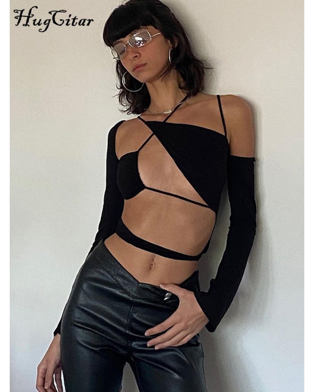 Hugcitar Women Pure Halter Bandage Drawstring Crop Top 2022 Fall Streetwear Outfit Fashion Y2K Party front-4