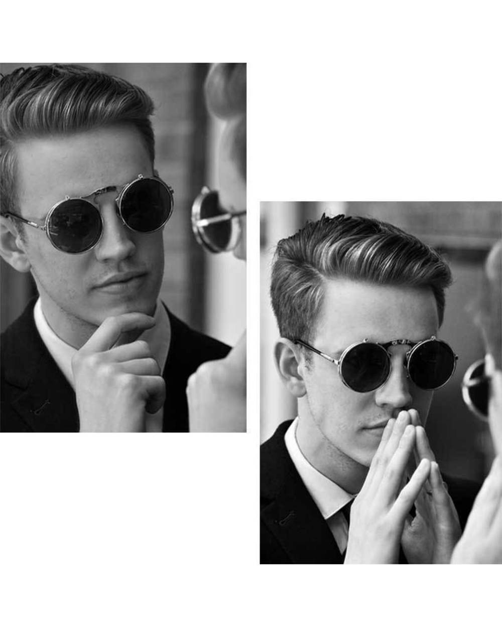 Retro Flip Round Sunglasses Men Women Metal Steampunk Style Sun Glasses Male Female Double Circular Clear Lens Eyeglass front-3