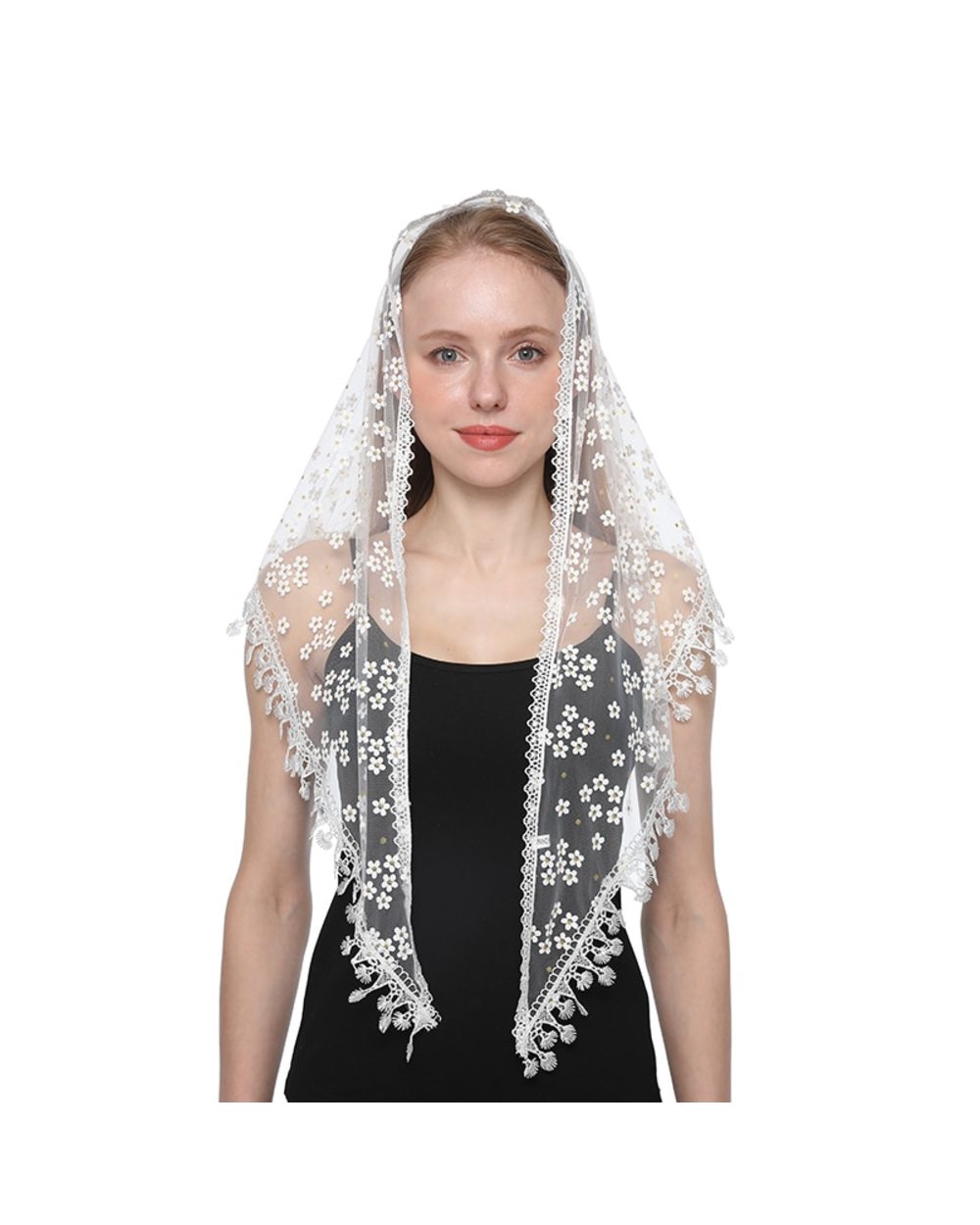 Fashion Church Shawl Lace Veil Polyester Scarf Bandana Church Prayer Wedding Mantilla Chapel White Embroidered Hijab Wo front-2