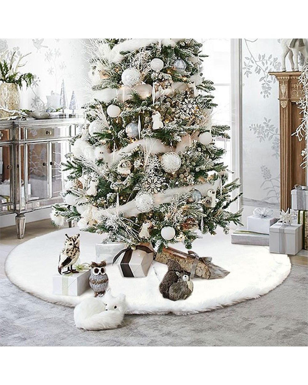 White Christmas Tree Skirt Plush Faux Fur Xmas Tree Carpet Merry Christmas Tree Decorations Ornament New Year Home Decor front-1