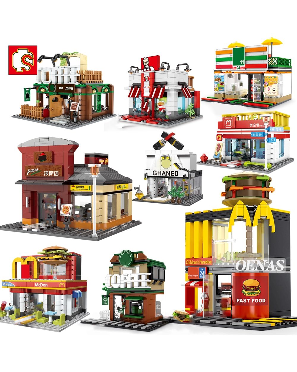 City Street View Coffee Ice Cream Burger Shop MC Fast Food Store House Model Building Block Educationanl Toy Birthday front-0