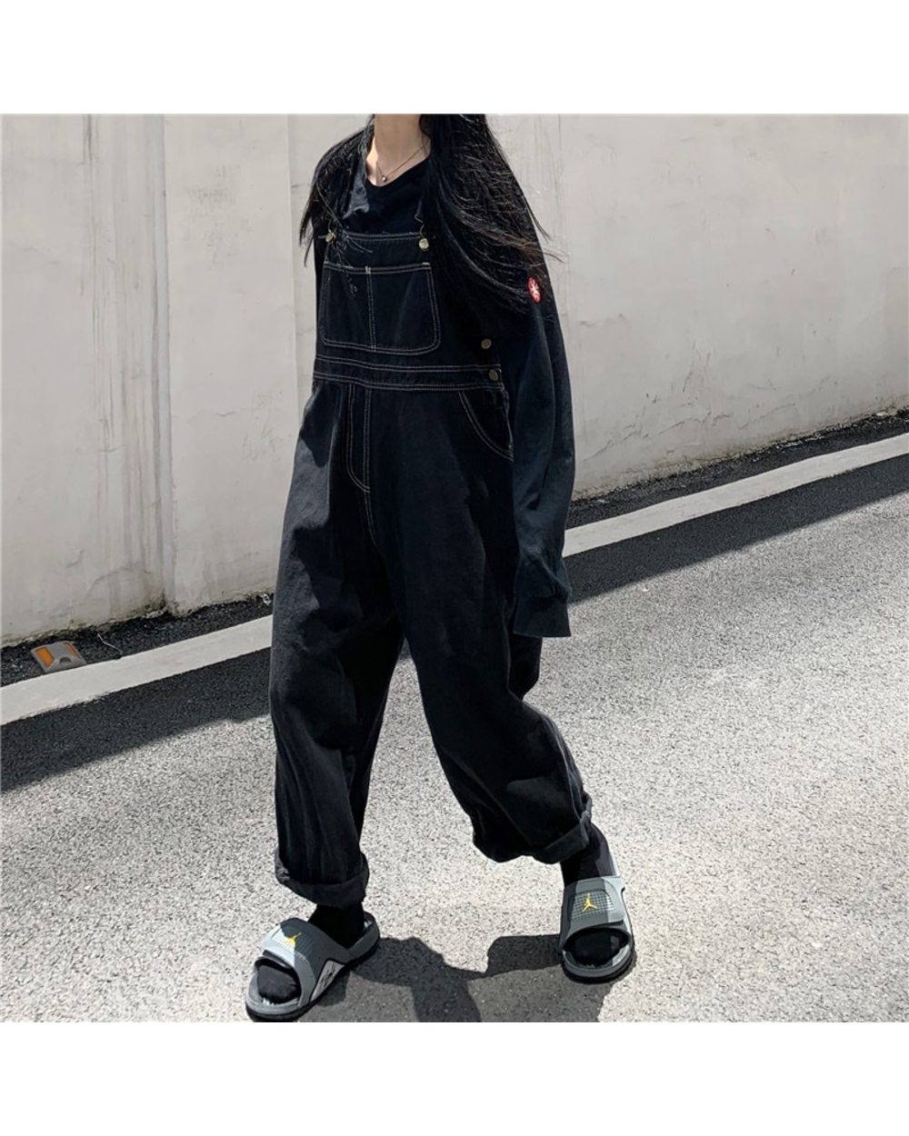Korean Women Denim Jumpsuit Japanese Vintage Loose Black Jumpsuit Oversized Wide Leg Overalls For Women front-0