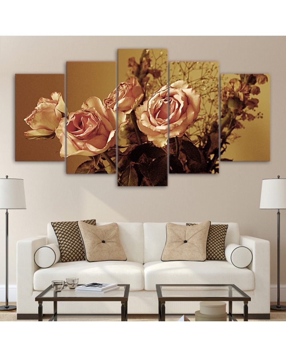 Retro Drying Rose Flower Picture Print Abstract 5 Panel Canvas Art Wall Decor front-1