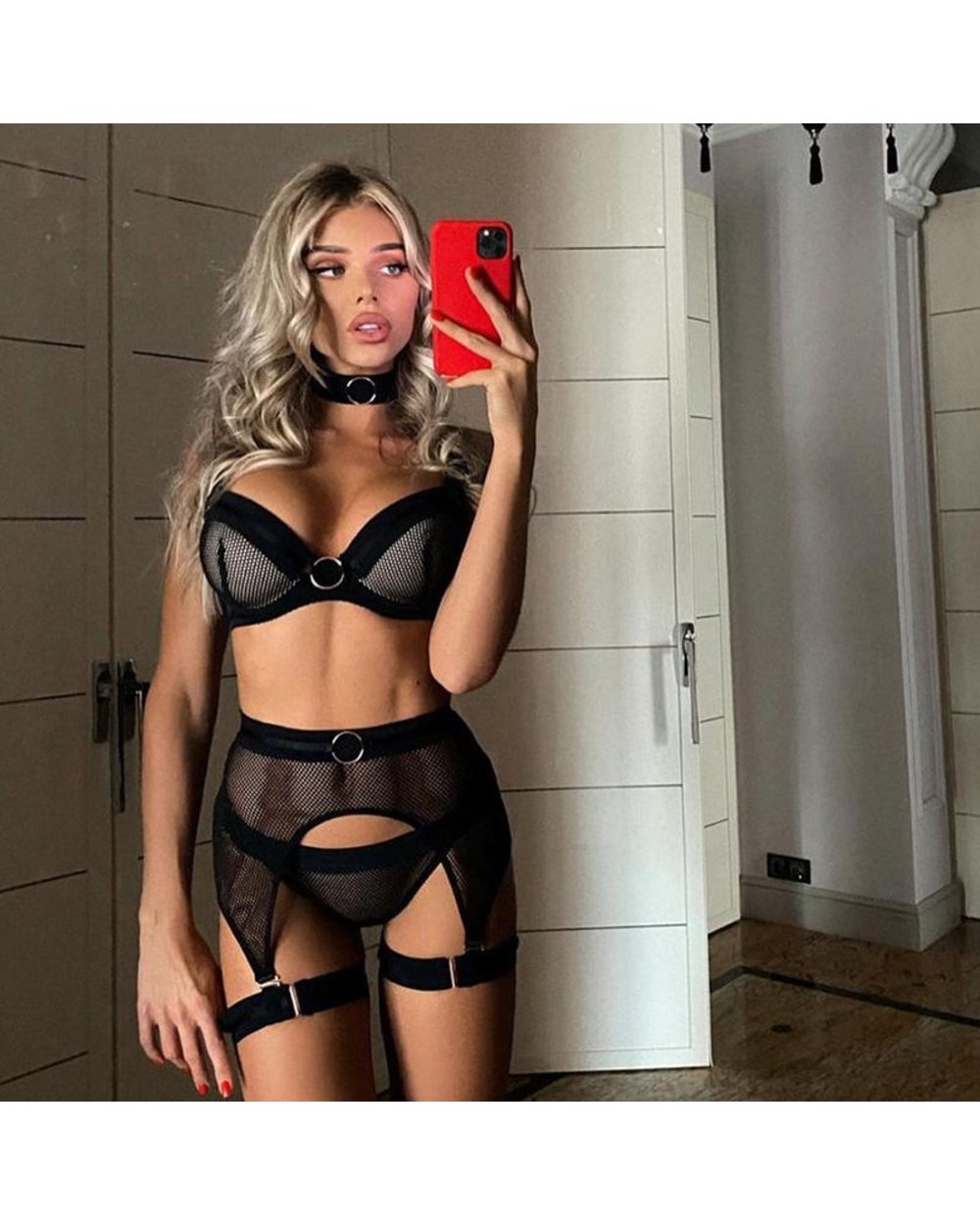 Women Lingerie Transparent Bra and Panties Set 4 Piece Black Underwear Suit See Through with Garter Belt Sex front-2