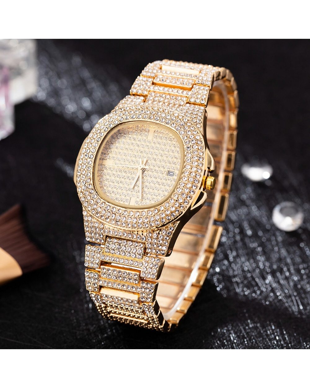 Luxury Women Watch Set Gold Watches Necklaces Bracelet Cuban Chain Butterfly Rhinestones Bling Jewelry 4Pcs Sets front-2