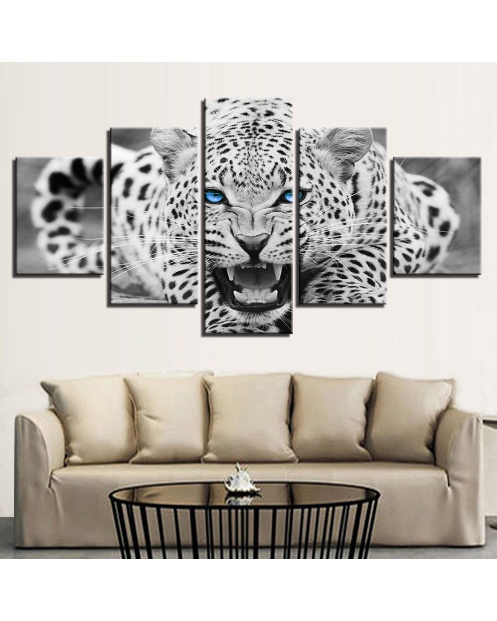 Blue Eyes Animal Leopard Growling Picture Print Animal 5 Panel Canvas Art Wall Decor front-0