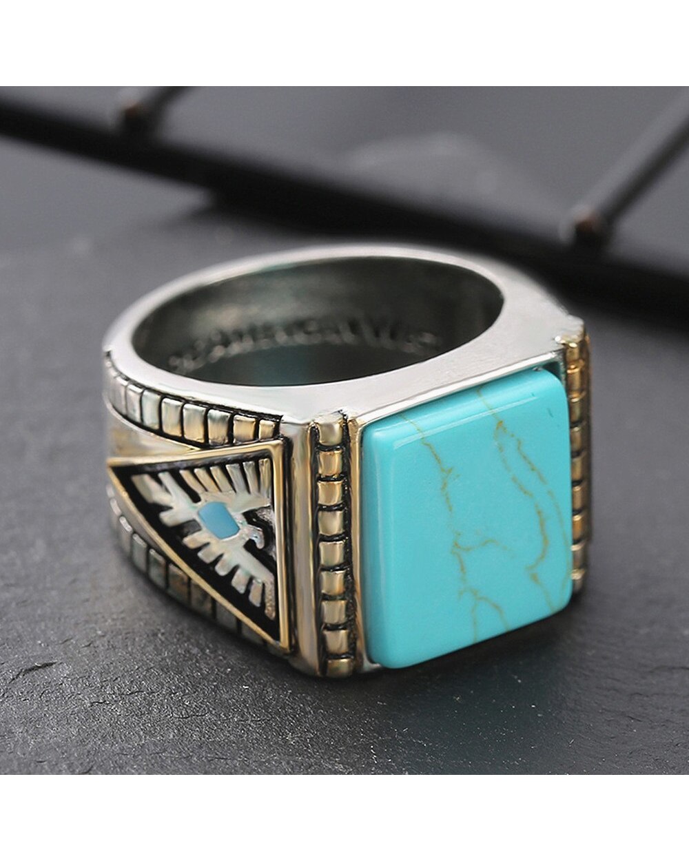 Fashion Vintage Square Turquoise Stones Rings for Men Feather Carving Indian Accessories Jewelry Bague Masculine front-0