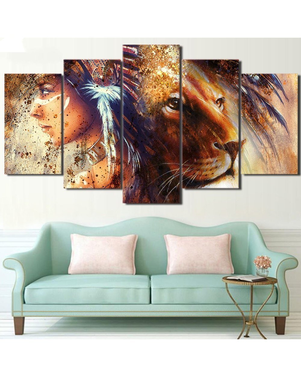 Indigenous and Lion Picture Print Abstract 5 Panel Canvas Art Wall Decor front-0