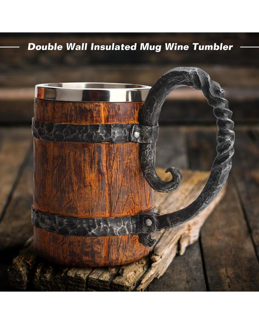 Wood Style Beer Mug Drinking Mug Metal Insulated Coffee Tea Bar Drinking Cup front-3