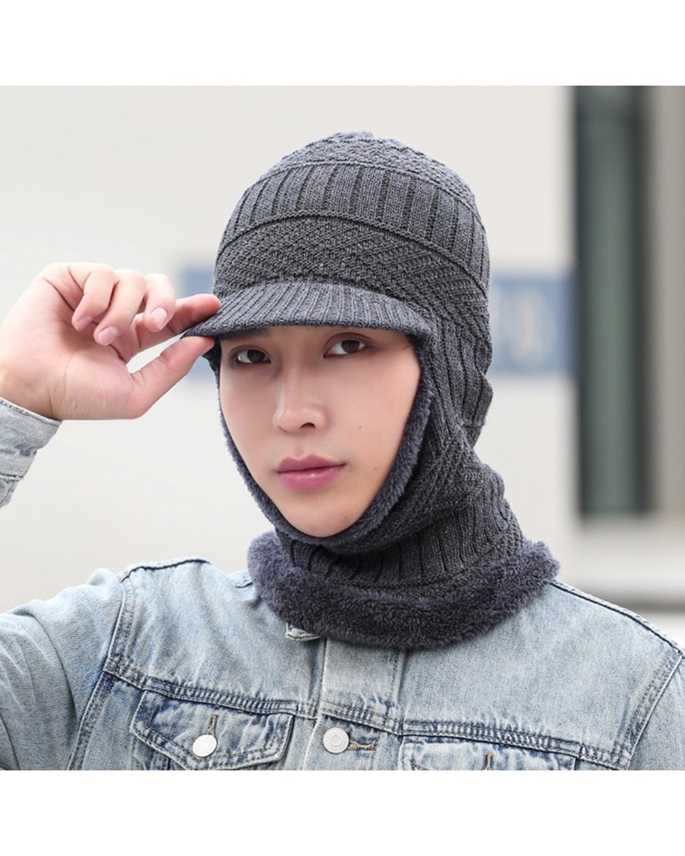 Winter Knitted Beanie Caps Outdoor Ski Full Face Hats Fur Lined Warm Brim Hats Men Skullies Ear Warm Balaclava Scarf Zi front-5