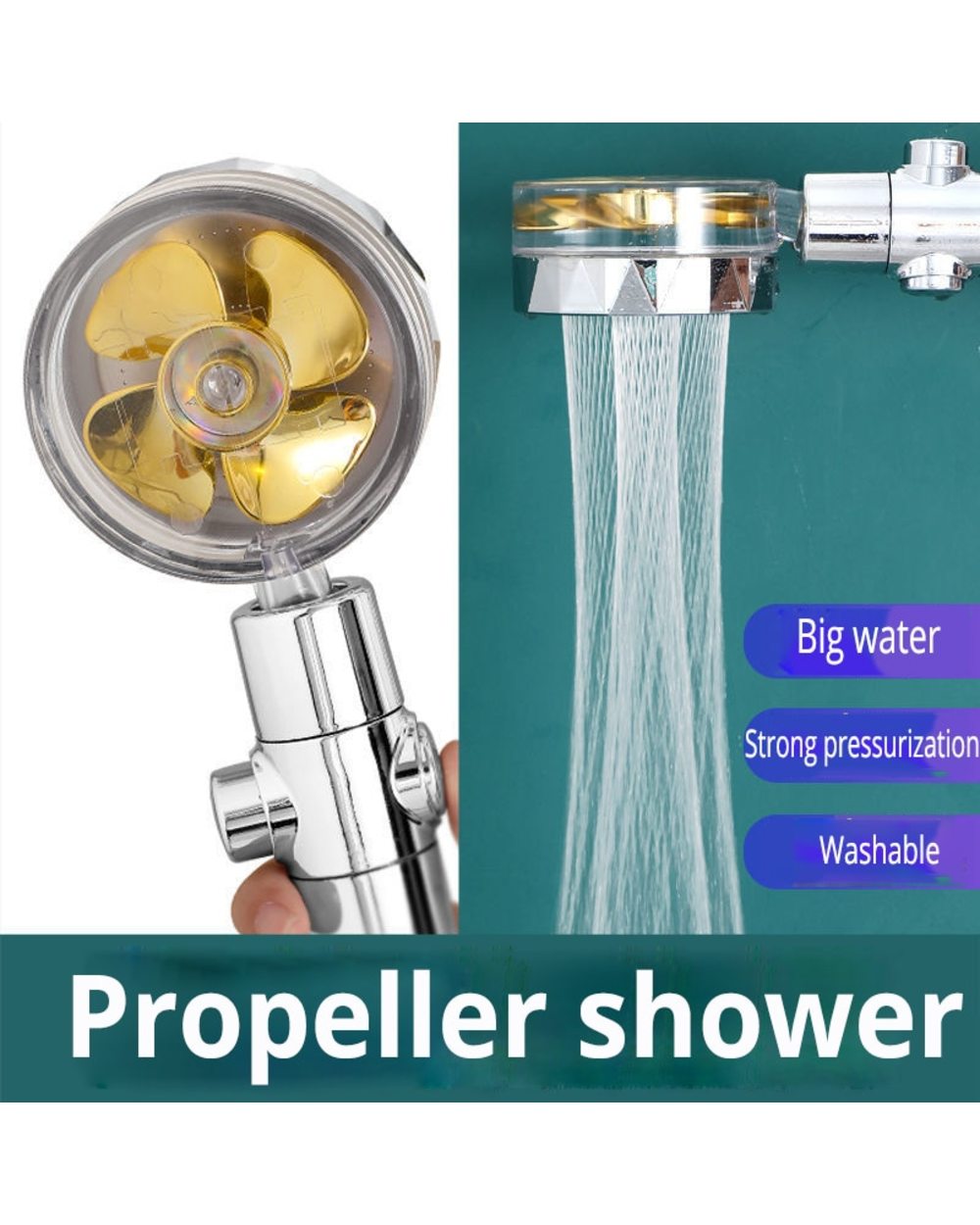 Rainfall Turbo Fan Shower Head 360 Rotating High Pressure Water Saving Handheld front-1