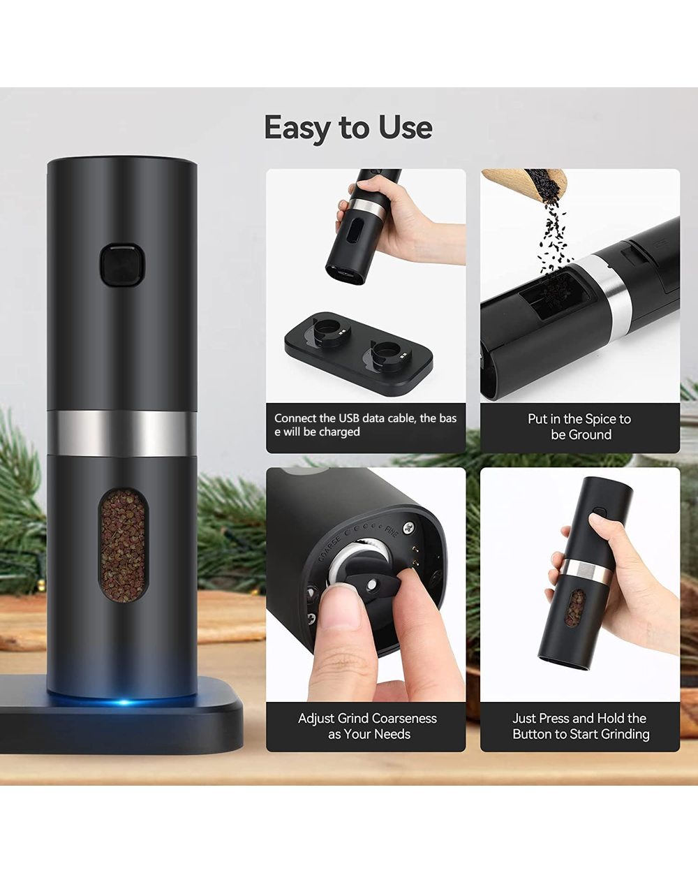 Electric Automatic Salt And Pepper Grinder Set Mill Refillable With Rechargeable Base 2 Adjustable Coarseness Mills Le front-1