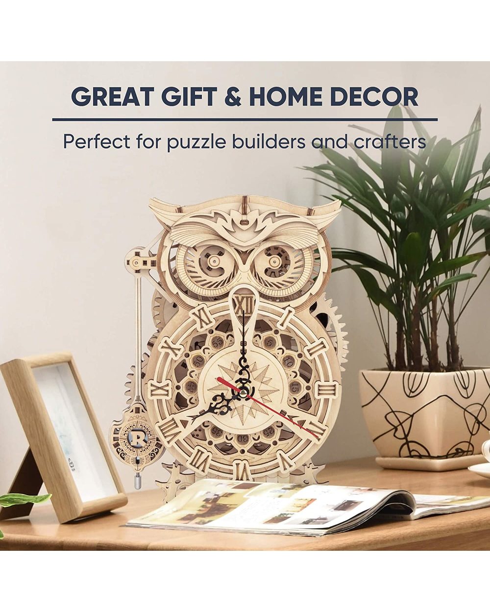 Rokr 161pcs Creative DIY 3D Owl Clock Wooden Model Building Block Kits Assembly Toy Gift for Children Adult LK503 front-1