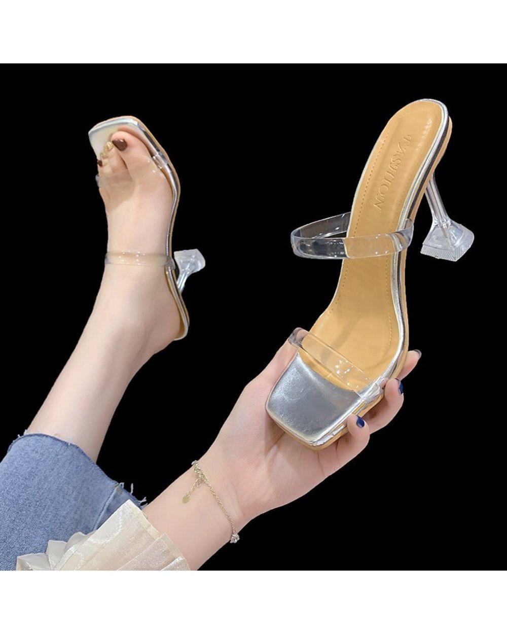 Sexy Transparent Slippers Summer High Heels Square Toe Clear Party Shoes front-5