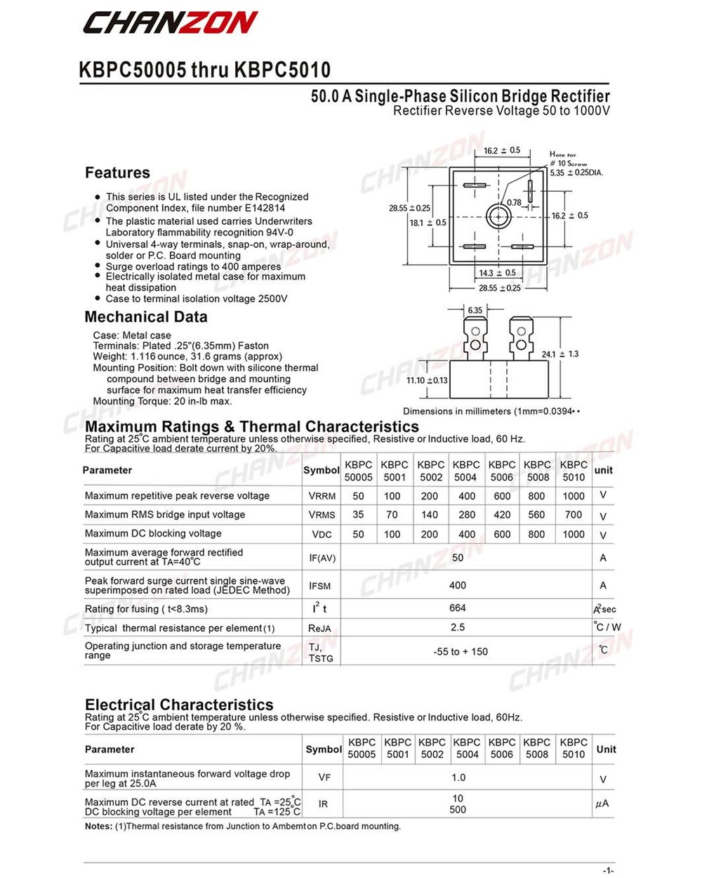 2 Pcs Kbpc5010 Bridge Rectifier Diode 50A 1000V Kbpc 5010 Single Phase Full Wave 50 Amp 1000 Volt Electronic Silicon front-1