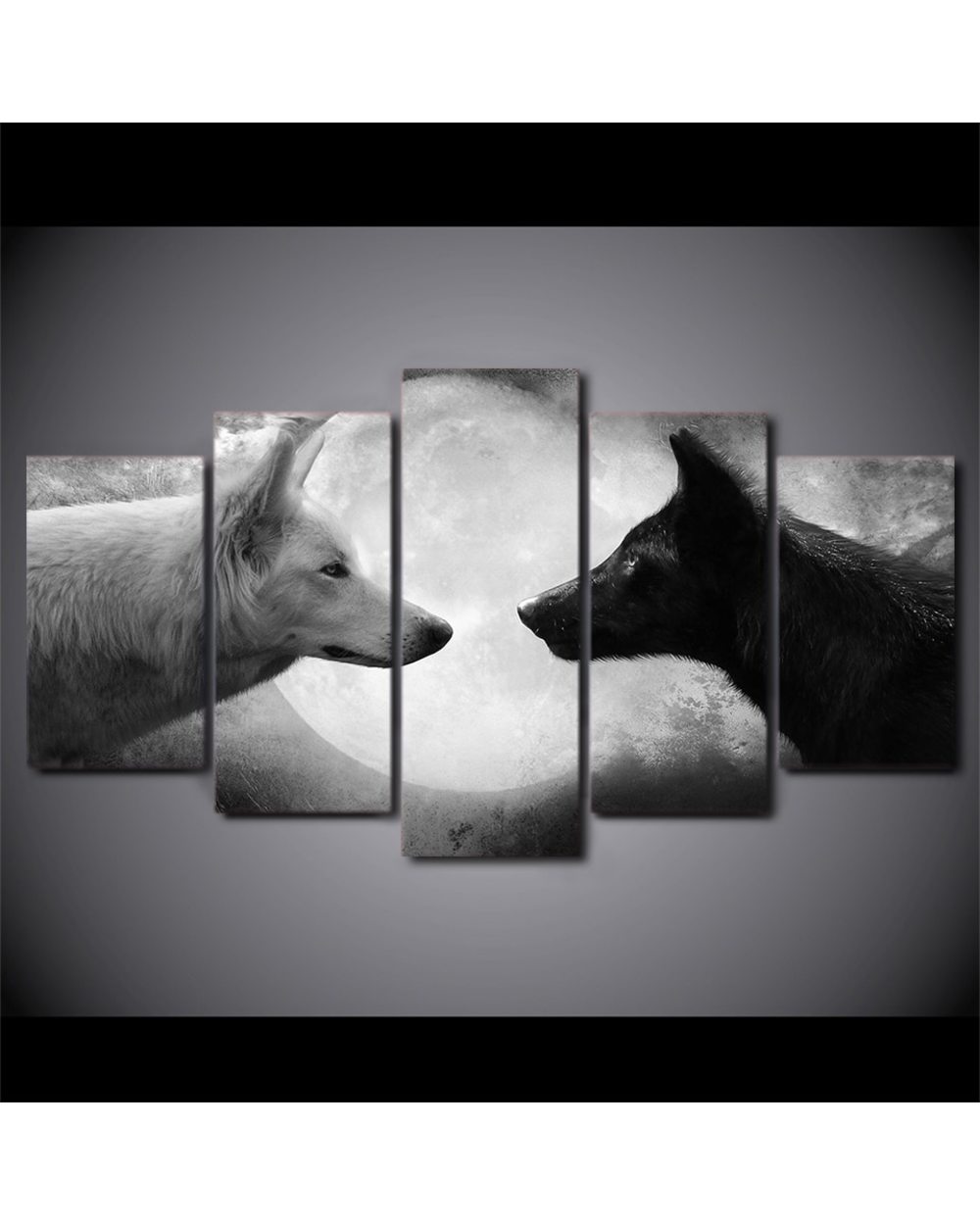Black And White Wolves Face to Face Moon Picture Animal 5 Panel Canvas Art Wall Decor front-1