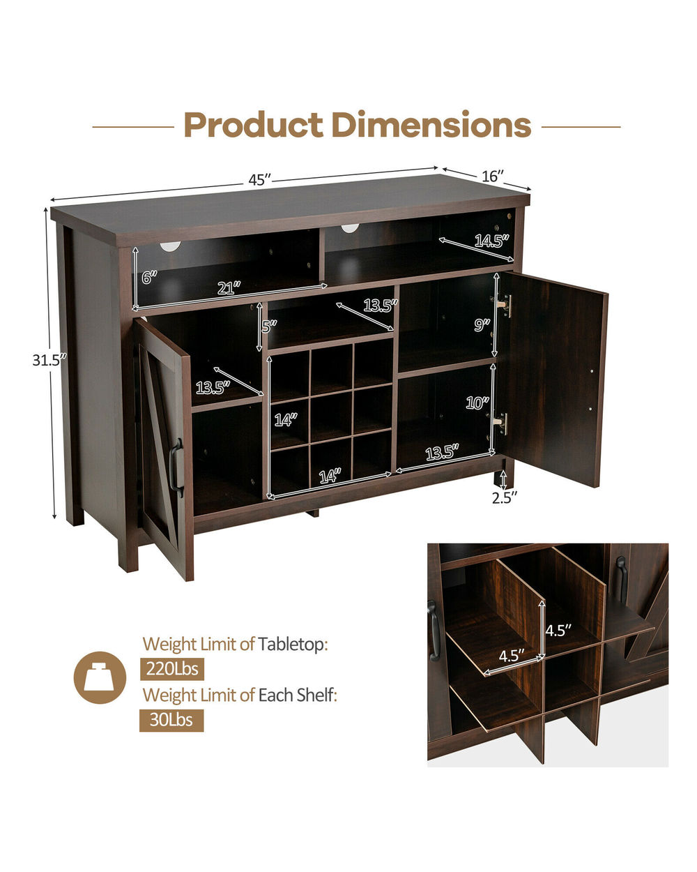 Buffet Storage Cabinet Farmhouse Sideboard Bottle Wine Rack front-5