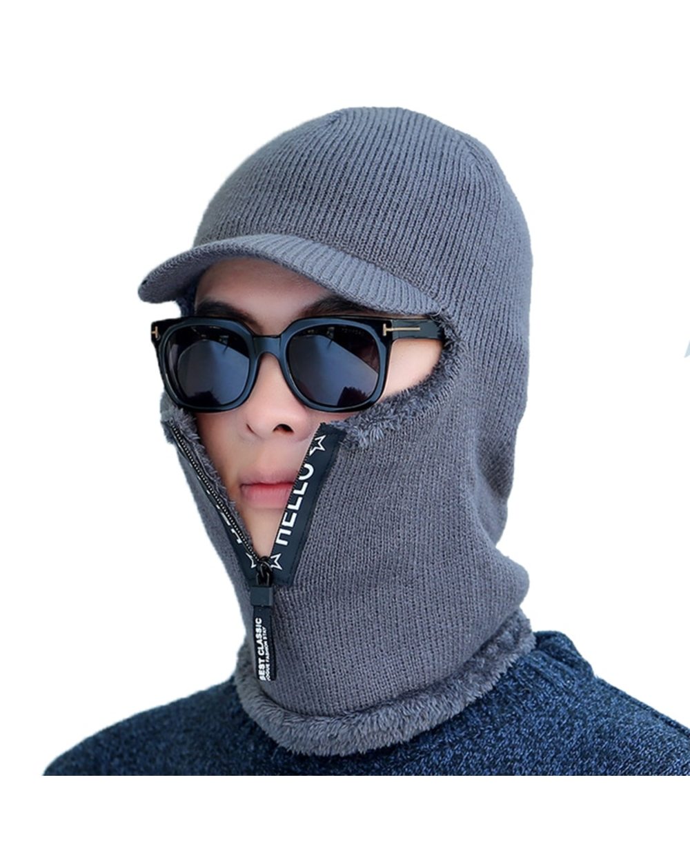 Winter Knitted Beanie Caps Outdoor Ski Full Face Hats Fur Lined Warm Brim Hats Men Skullies Ear Warm Balaclava Scarf Zi front-1
