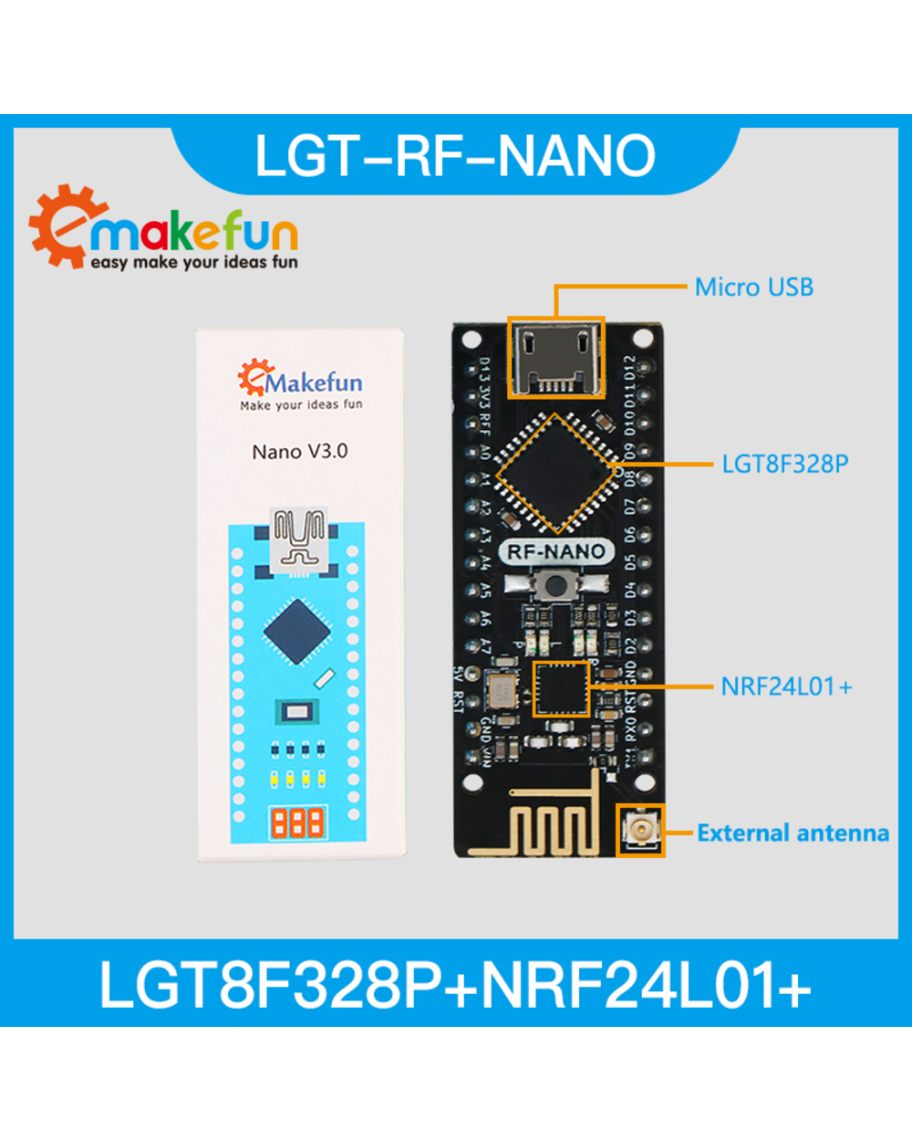 Emakefun Lgt-Rf-Nano For Arduino Nano V3.0 Rf-Nano Lgt8f328p Integrate Nrf24l01+ Micro Usb Nano Board With Antenna Inte front-0