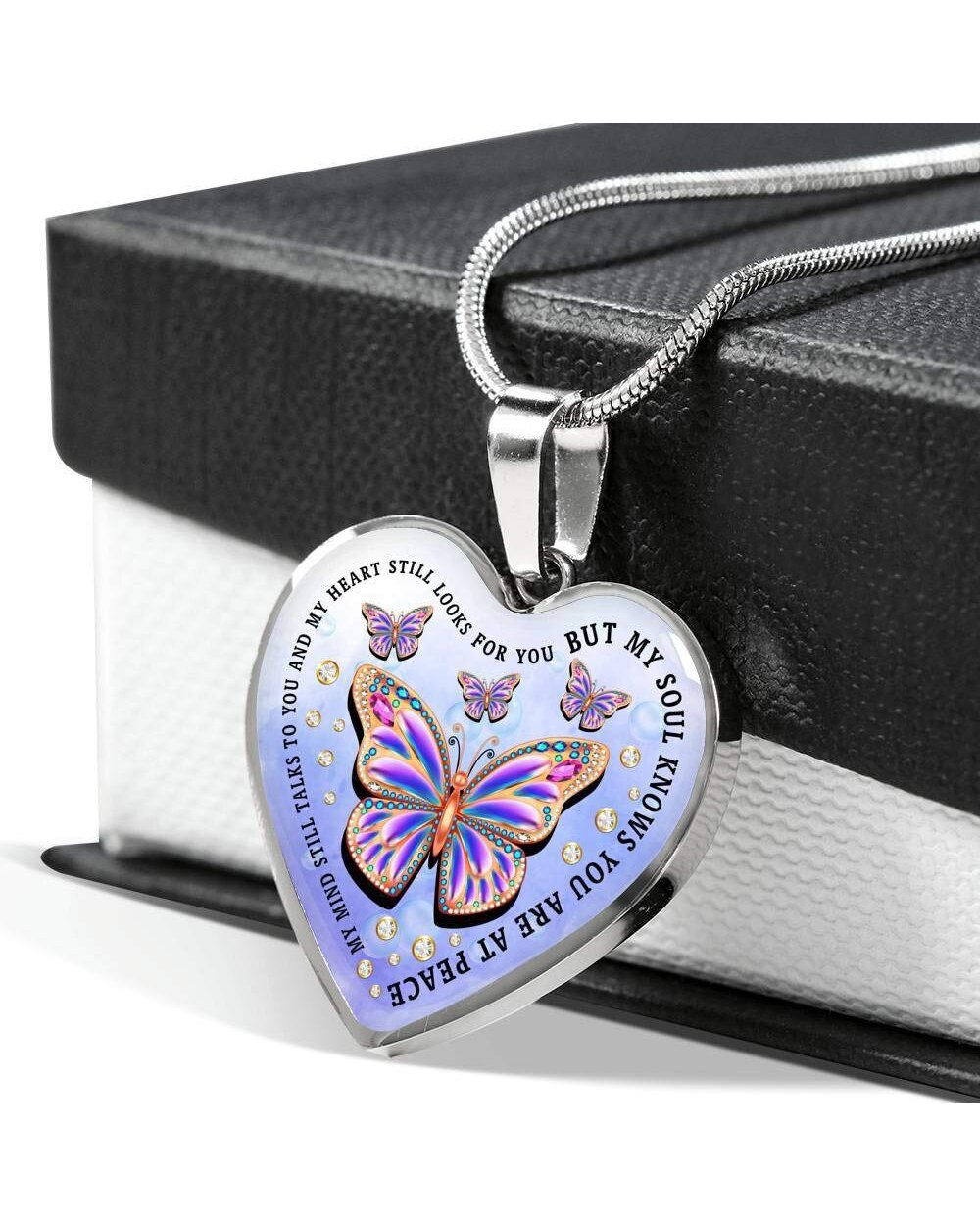 Exquisite Colorful Butterfly Heart Shape Pendant Necklace Remembrance Necklace Memorial Necklace front-1
