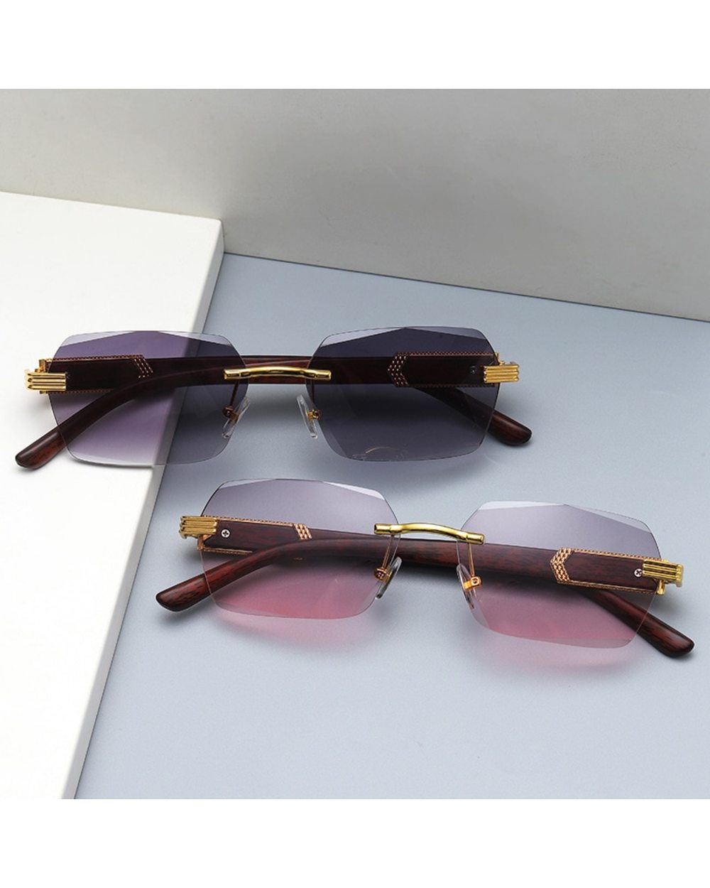 Luxury Rimless Square Sunglasses Man Brand Designer Frameless Gradient Sun Glasses Woman Fashion Vintage Wooden Oculos front-1