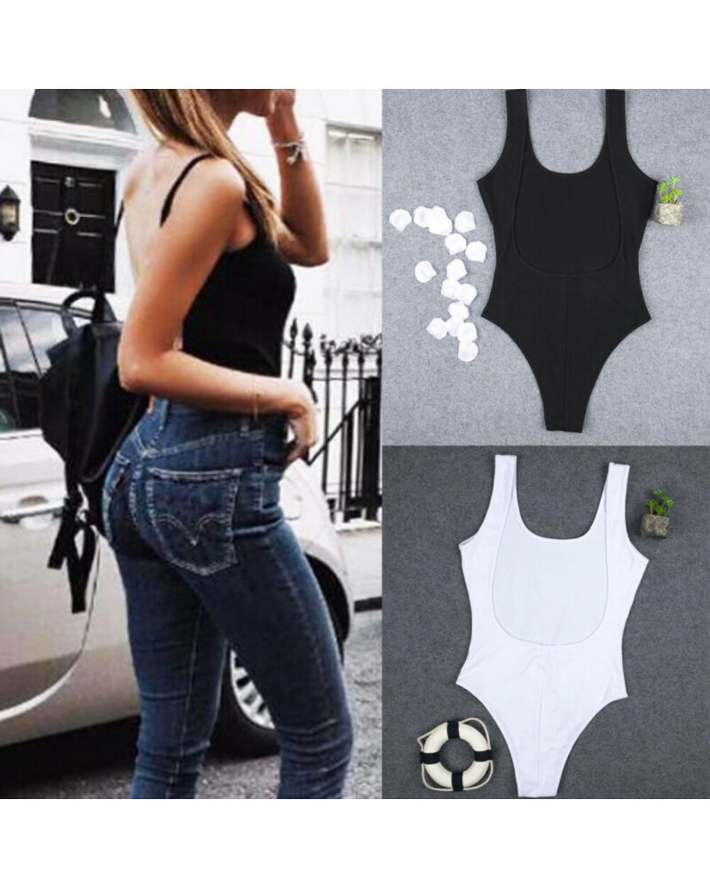 2019 Neu Frauen-Dame Bodysuit Stretch Trikot Sleeveless Bodycon Tops Jumpsuit front-1