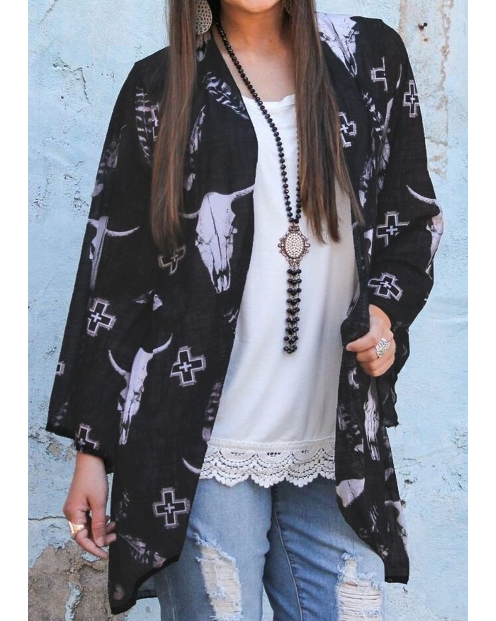 Coat Women Bull Head Print Three Quarter Sleeve Cardigan Summer VG06 front-1