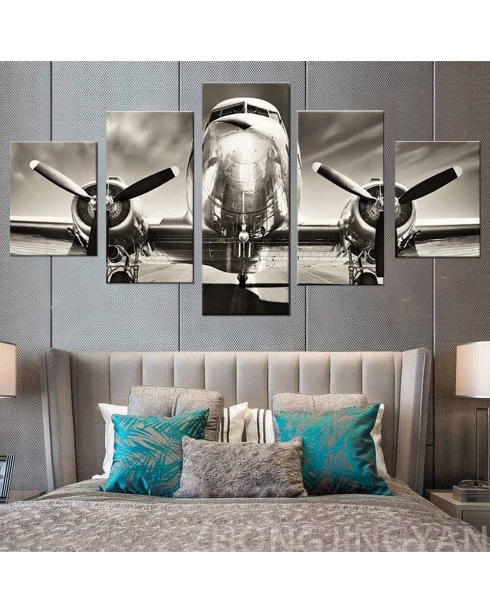 Retro Airplane on the Runway Picture Print Space 5 Panel Canvas Art Wall Decor front-1