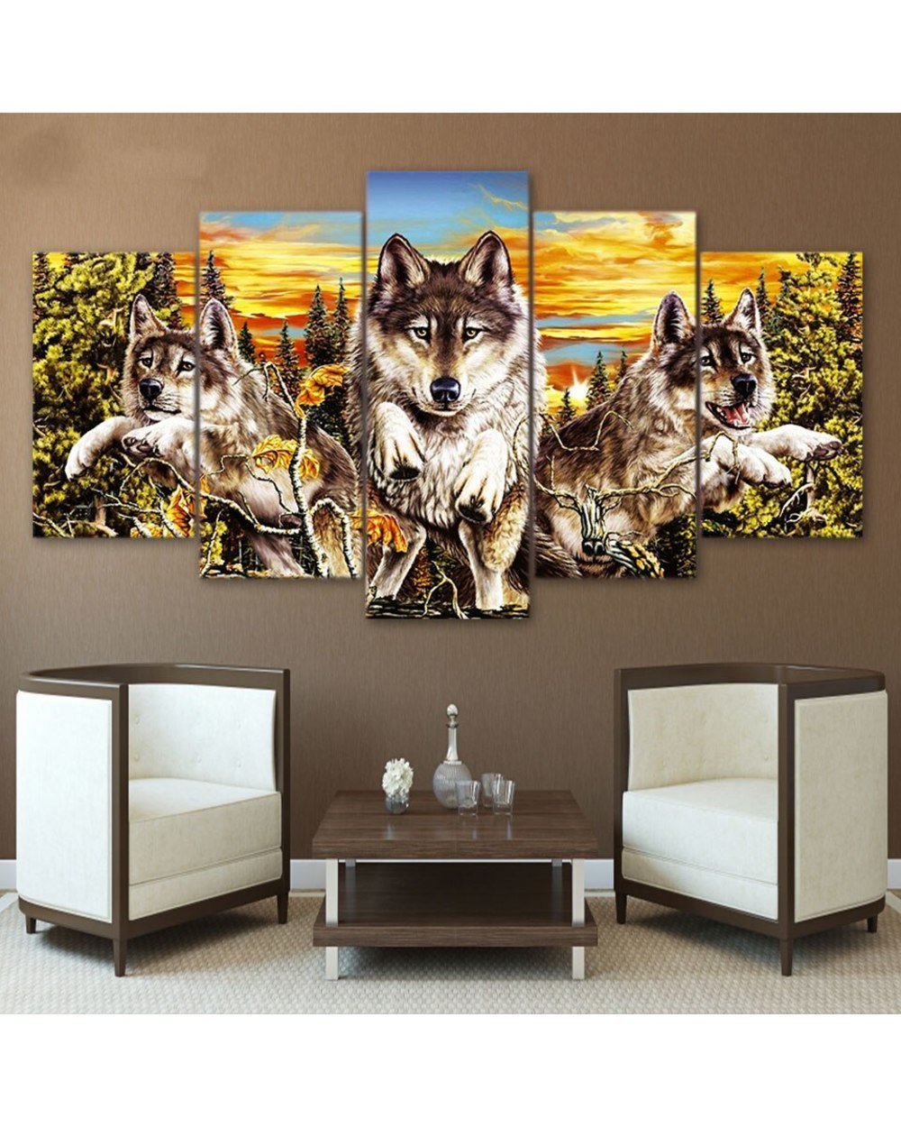 Animal Wolf Pack in Sunset Picture Print Animal 5 Panel Canvas Art Wall Decor front-0