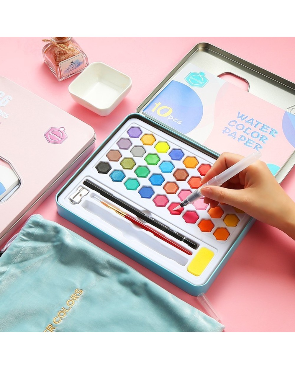 High Quality 36 Colors Portable Travel Solid Pigment Watercolor Paints Set With Watercolor Brush Pen For Painting Art S front-3