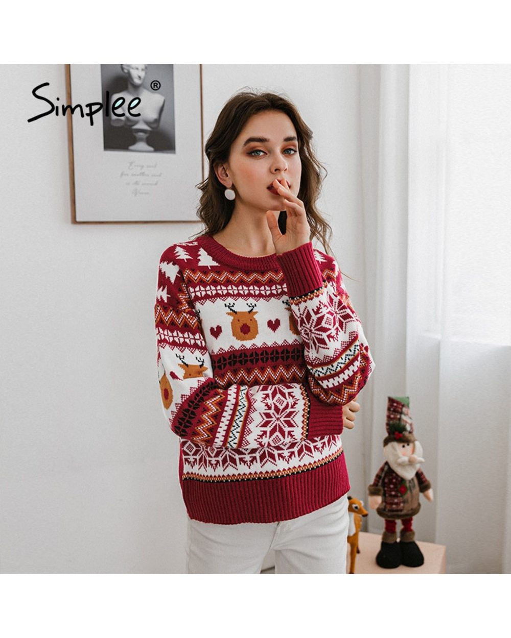 Christmas red long sleeve women casual sweater autumn winter Animal design female pullover Fashion knitted sweater tops front-3
