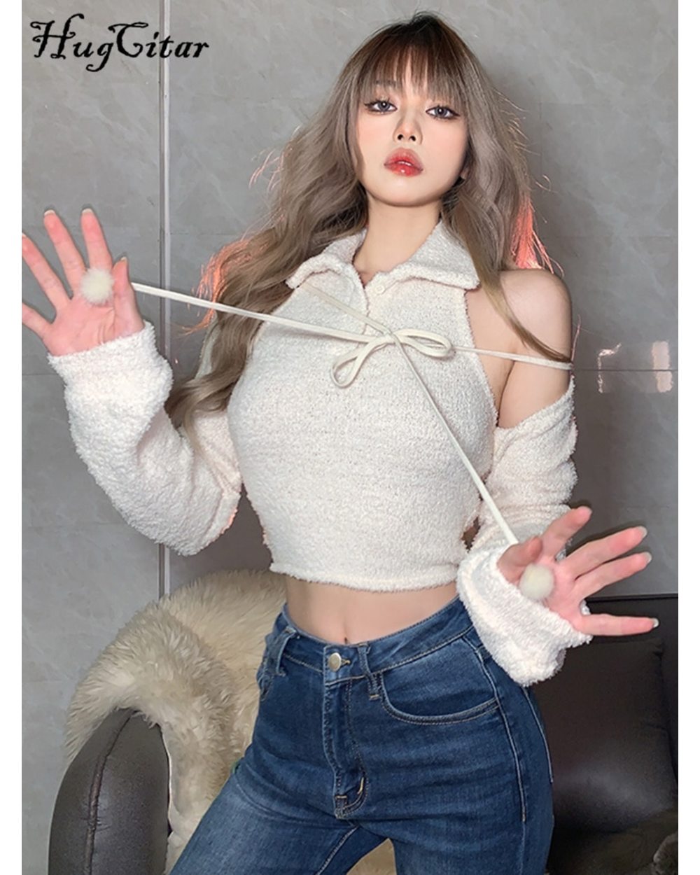 Hugcitar Off Shoulder Slim Sexy Crop Top Girl Clothes 2022 Fall Summer Women Streetwear Y2K Fashion front-0