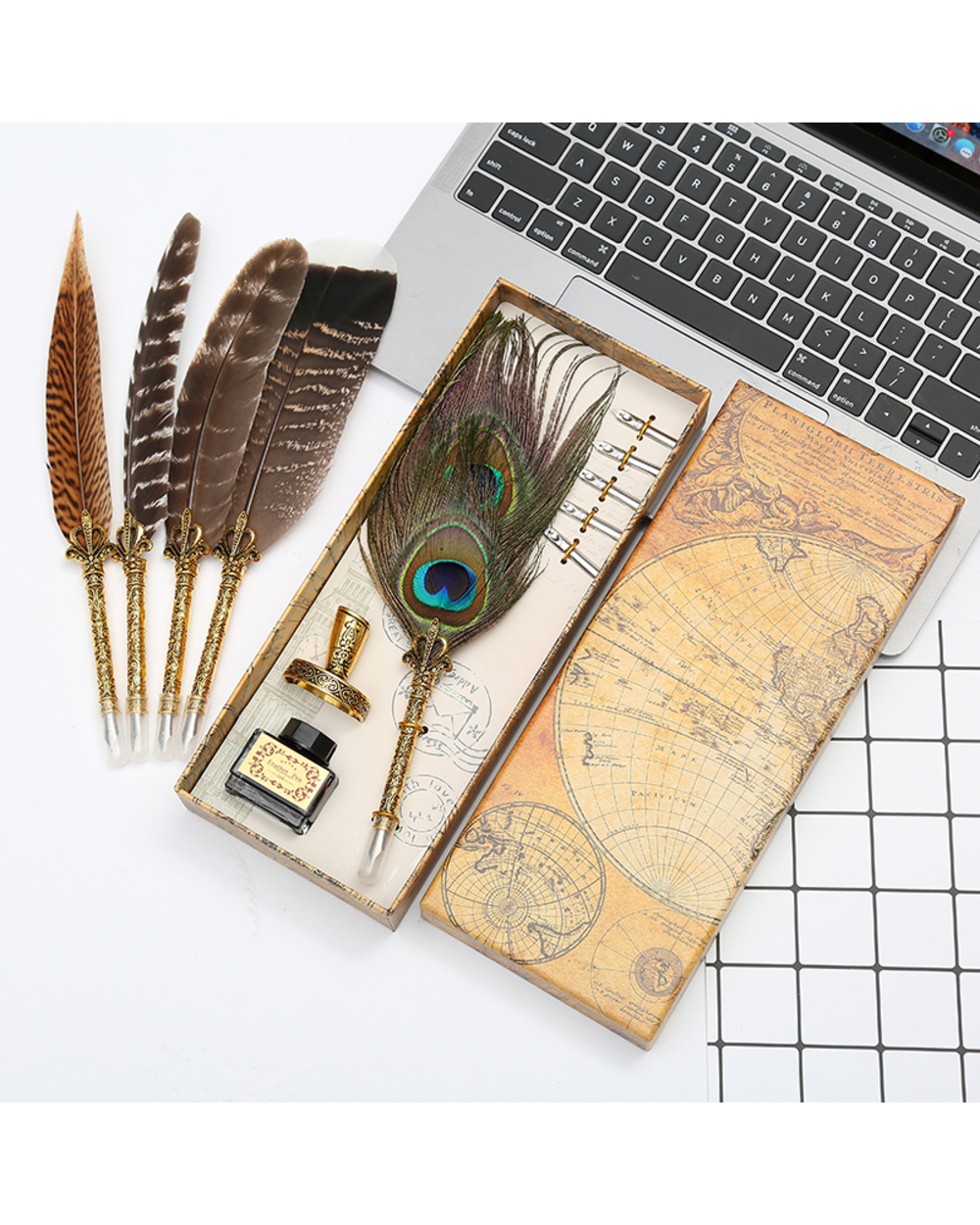 New And Unique! Natural Peacock Feather Dip Pen Set Writing Ink Luxury Box Customizable Logo Christmas Gift front-0