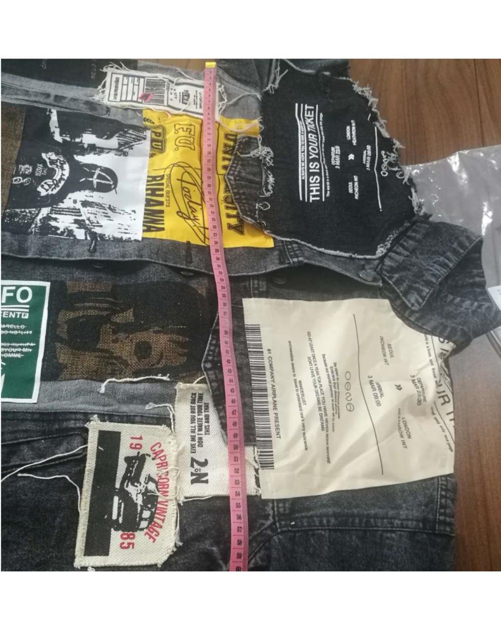 Vintage Black Denim Jacket Appliques Newspaper Pattern Large Size Leisure Trend Coat 2022 Autumn front-5