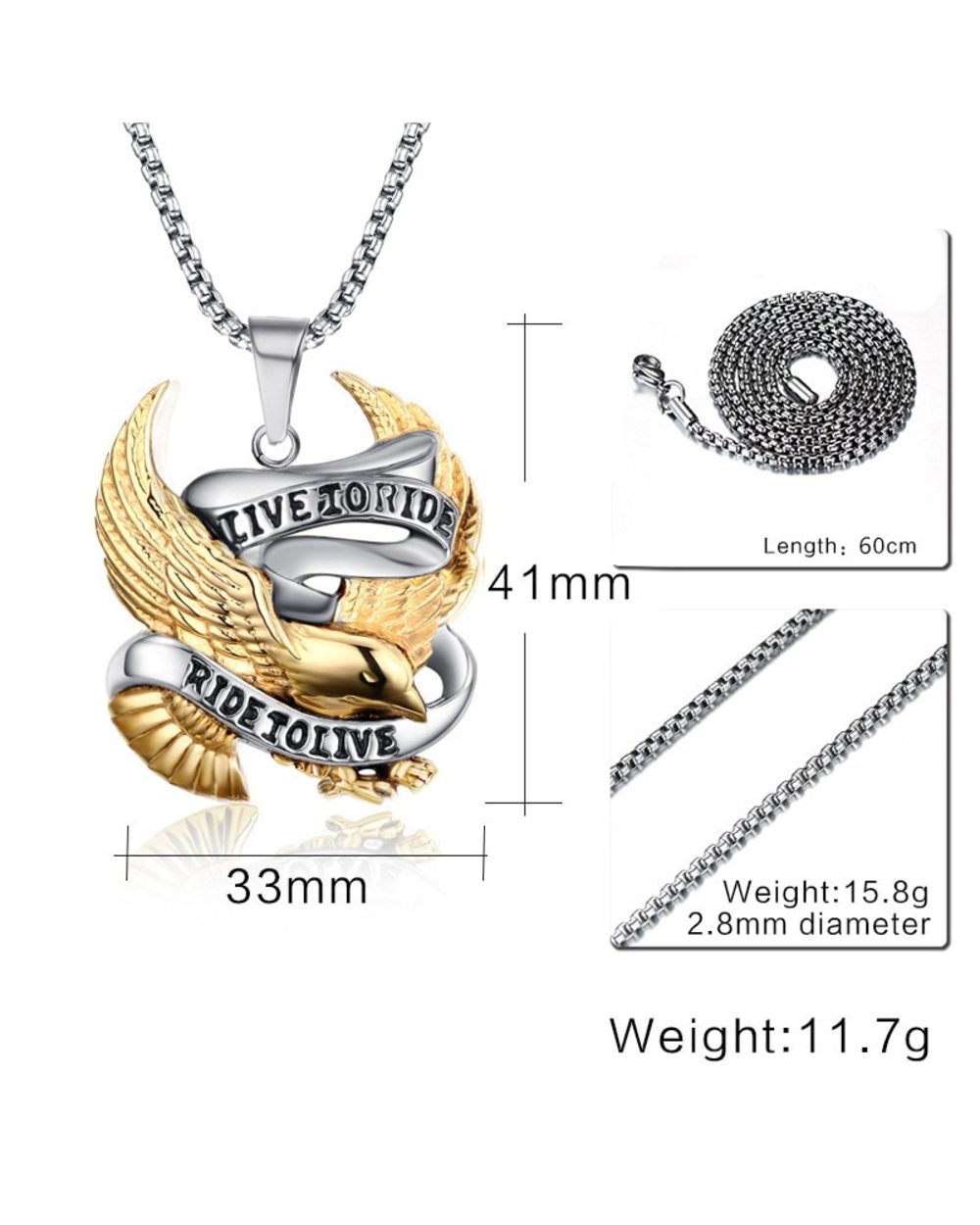 Eagle Necklace Pendant for Men Stainless Steel Metal LIVE TO RIDE Punk Jewelry front-0