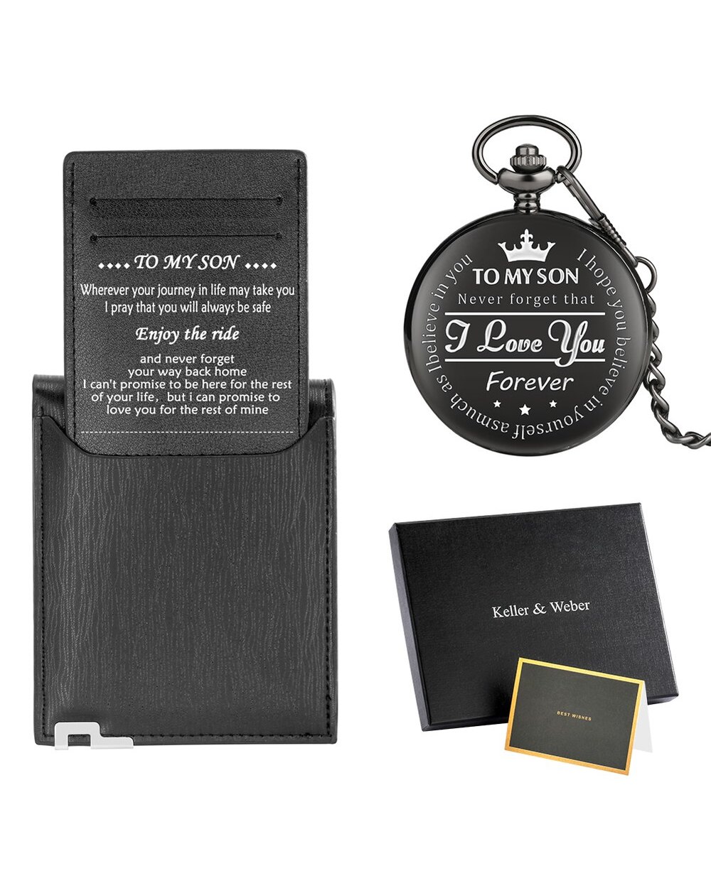 4pcs/Set To My Son I Love You Forever Quartz Pocket Watch Wallet Set Durable Black Leather Wallet front-2