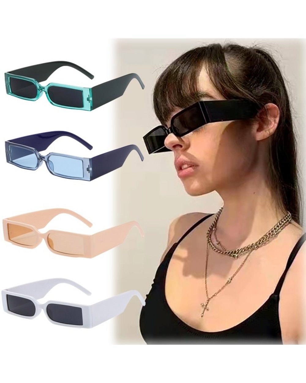 Rectangle Frame Fashion Sunglasses Hip Hop 2022 Vintage Designer Black Shades Small Frame Glasses Luxury For Men Women front-3