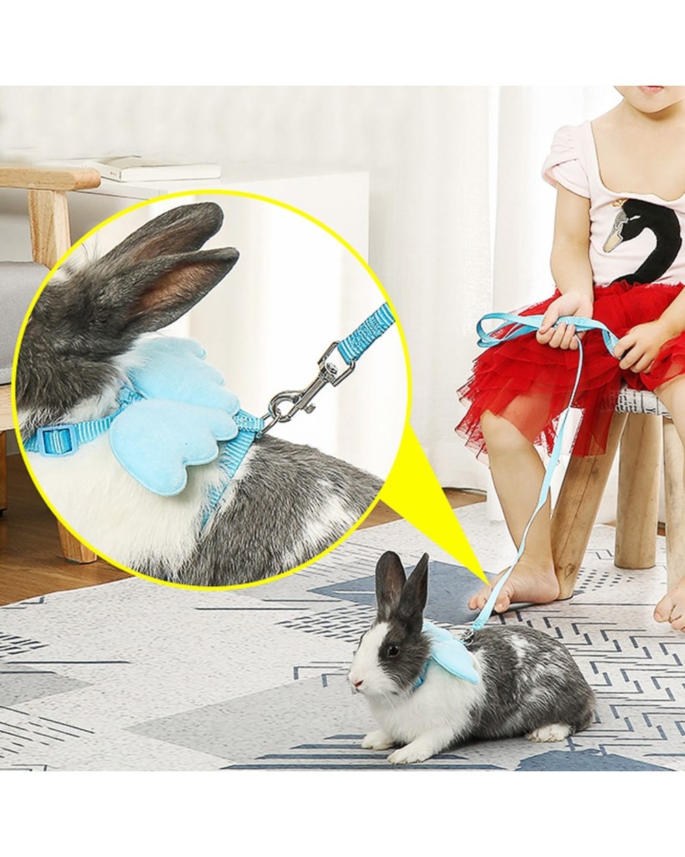 Rabbit Harness with Lead Leash Set with Angel's Wings Nylon Ropes Adjustable Soft Mesh Vest Harness for Rabbit front-0