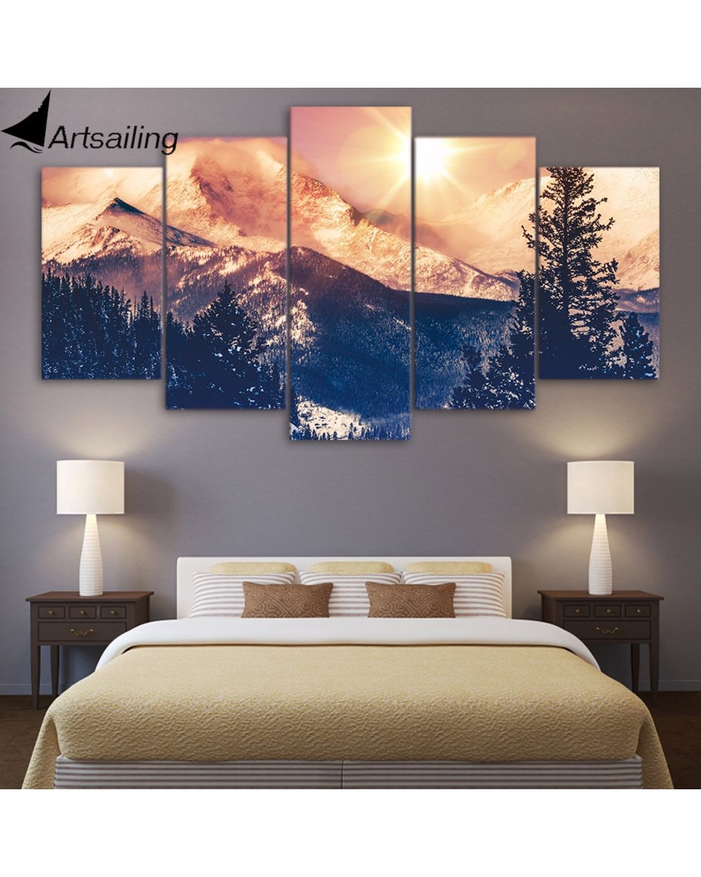 Dawn in Winter Mountain Landscape Picture Nature 5 Panel Canvas Art Wall Decor front-3