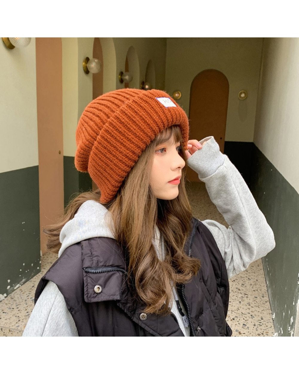 New Year Loose Big Head Knitted Hats For Women Outdoor Satin Warm Hats Beanie Caps Dome Hat Autumn Winter Hat Bonnet Fe front-2
