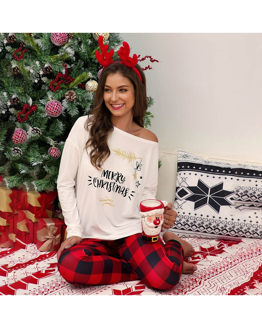 Merry Christmas Women Winter Pajamas Set Cotton Sleepwear Long Lattice Pants + Xmas Print Pyjamas Women Clothes Pajama front-2