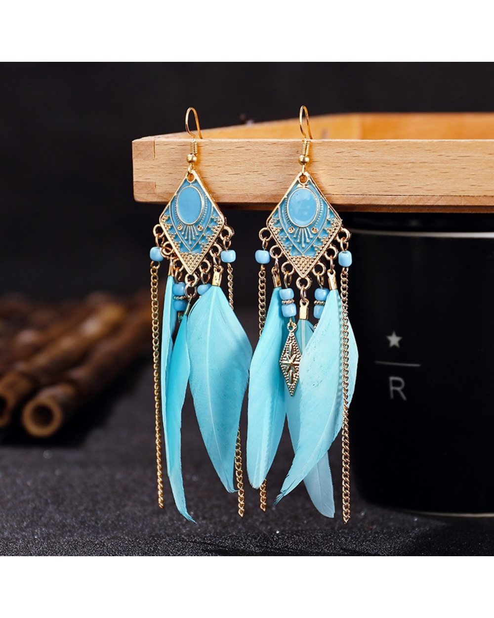 Blue Long Feather Dangle Earrings WCS front-0