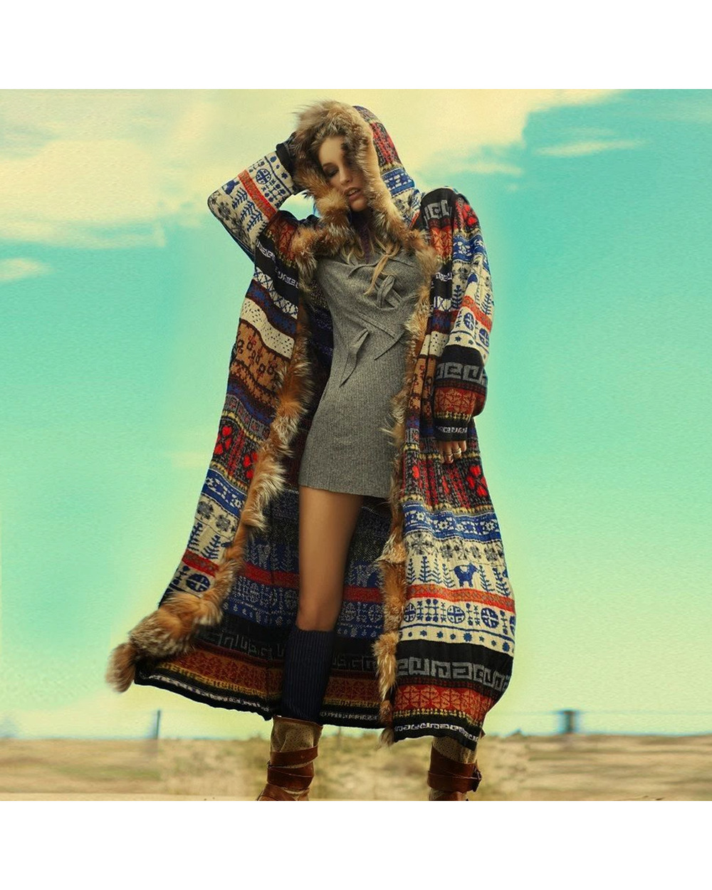 Hooded Jacket Women Long Cardigan Boho Outwears Chic Boho Jacket Autumn Winter VG06 front-0