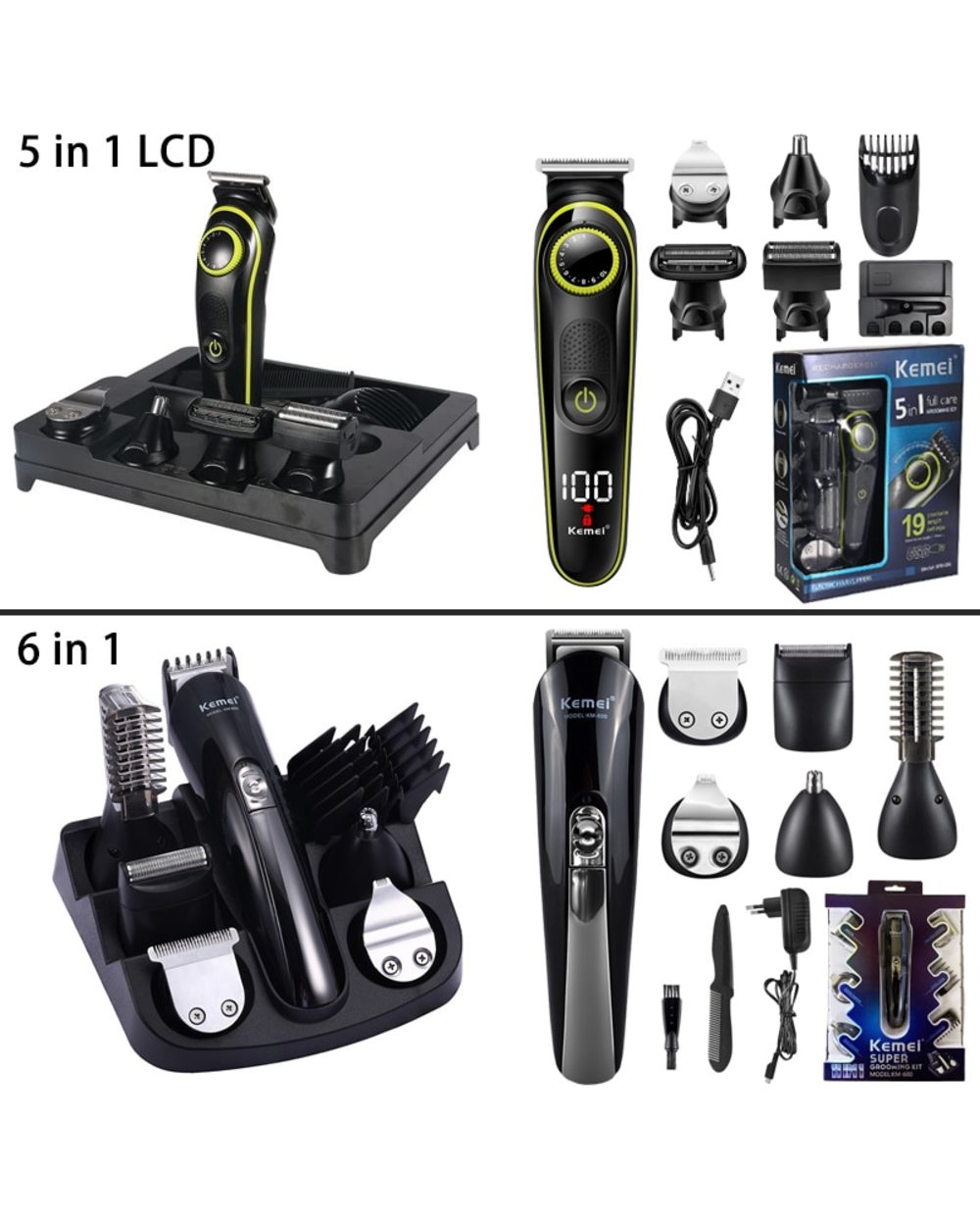 Kemei Hair Trimmer Household Electric Hair Clippers Multifunctional Rechargeable Shaver Led Display 5 In 1 Cutter Heads front-5