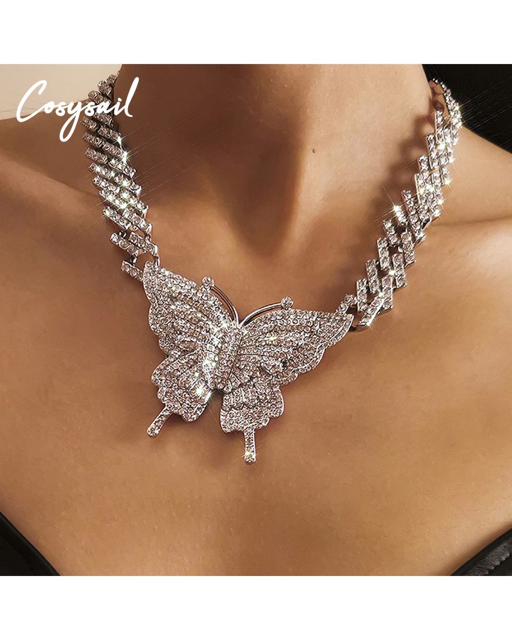 Big Rhinestone Crystal Butterfly Pendant Necklace For Women front-0